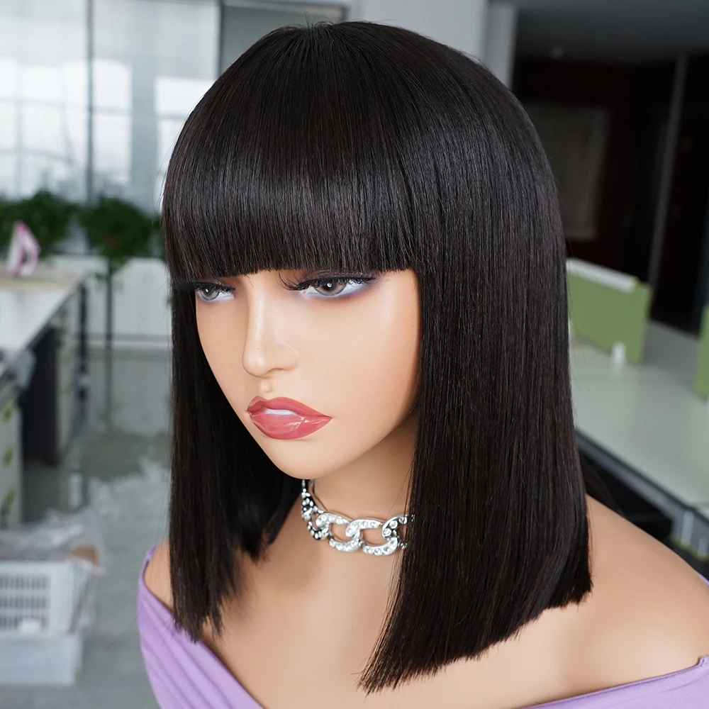 Short Bob Wig With Bangs Black Color 2x1 Lace Human Hair Wigs Straight Indian Hair Middle Part 2*1 Lace With Fringe