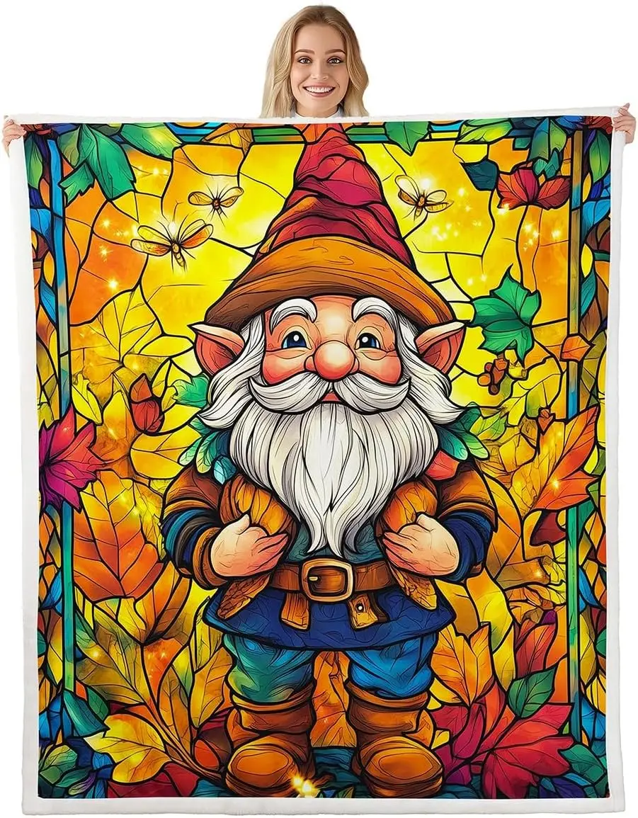 Autumn Gnome Throw Blanket for Kids Adults,Rustic Farmhouse Thanksgiving Sherpa Blanket Gold Abstract Maple Leaves Fuzzy Blanket