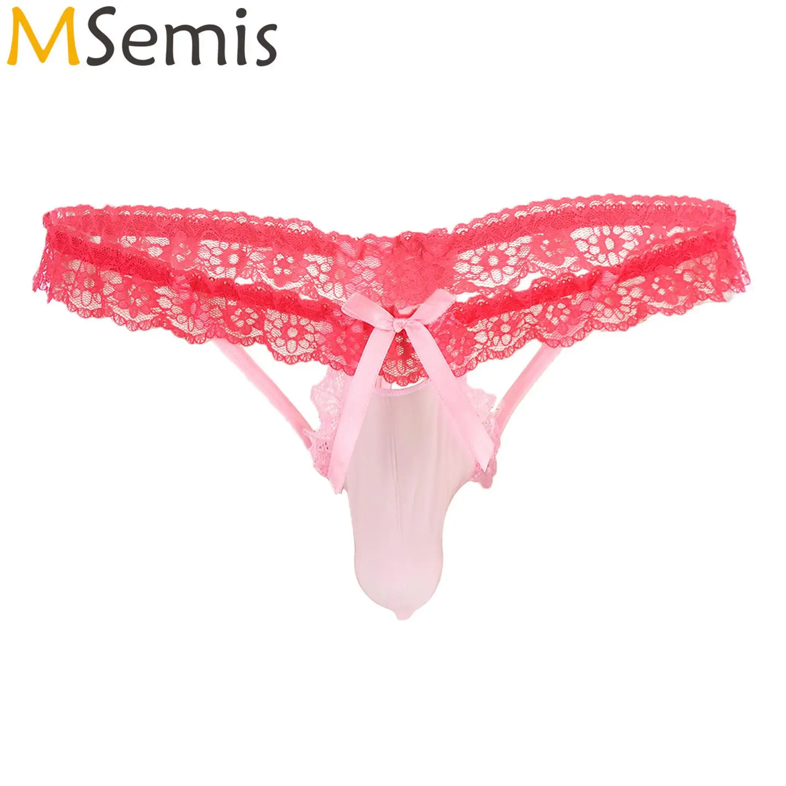 Mens Floral Lace Elastic Waistband Thong Lingerie Sissy Underwear Contrast Color Bowknot Bulge Pouch G-string Cutout T-back