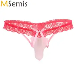 Mens Floral Lace Elastic Waistband Thong Lingerie Sissy Underwear Contrast Color Bowknot Bulge Pouch G-string Cutout T-back