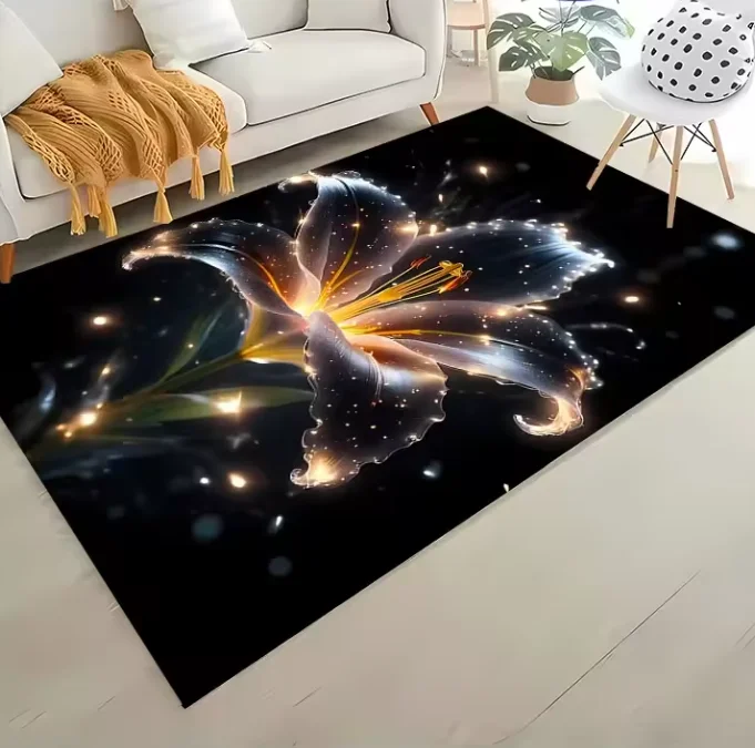 Living Room Rug Black Gold Enamel Lily  Modern Luxury Theme Carpet Non-Slip Soft Easy Clean Modern Cold Luxury Home Decor Mat