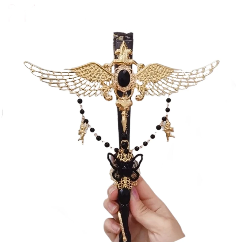 Handmade Lolita Hand-Held Fans Virgin Mary Gorgeous Gem Heart Cross Pendant Angel Wings  Folding Fan Wedding Dance Party Props