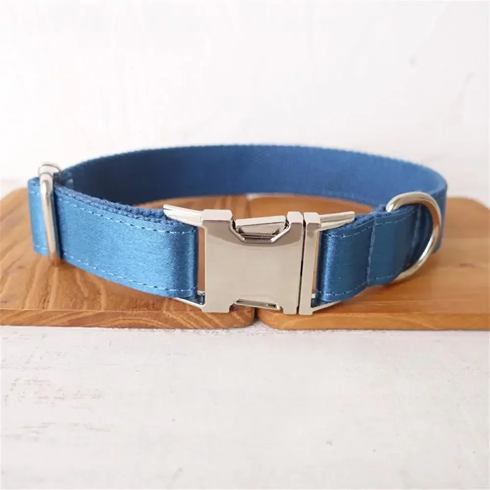 Personalized Dog Collar with Free Engraving, Matching Pet Leash,Customzied Contacts Metal Buckle, Shiny Sea Blue Pet Collar