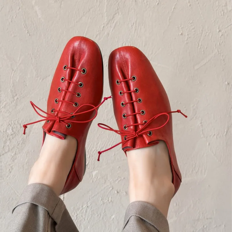 Women's Sheep Leather Lace-up Ballet Flats Square Toe Soft Sole Casual Dress Shoes Black Brown Red Size 35-39 40 Custom