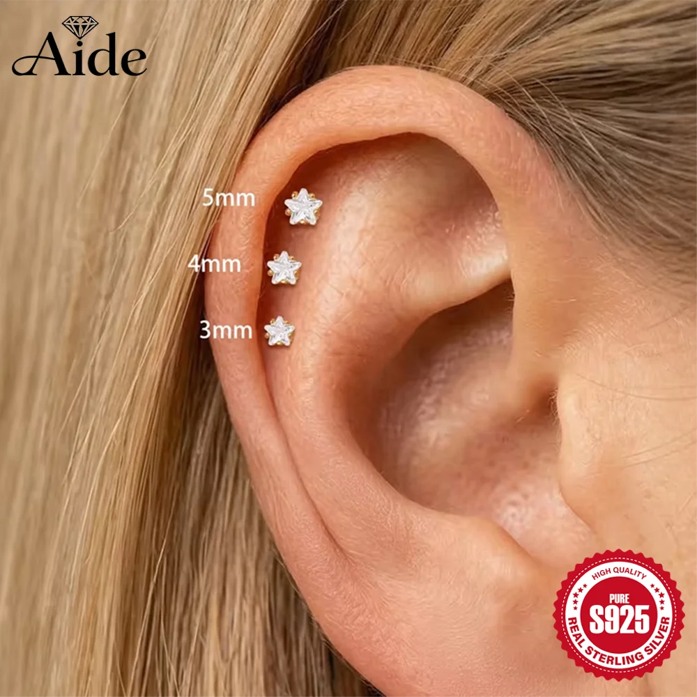 AIDE 925 Sterling Silver 16G Classic Five Claw Five Pointed Star Zircon for Women Flat Head Piercing Ear Bone Nail Mini Cute