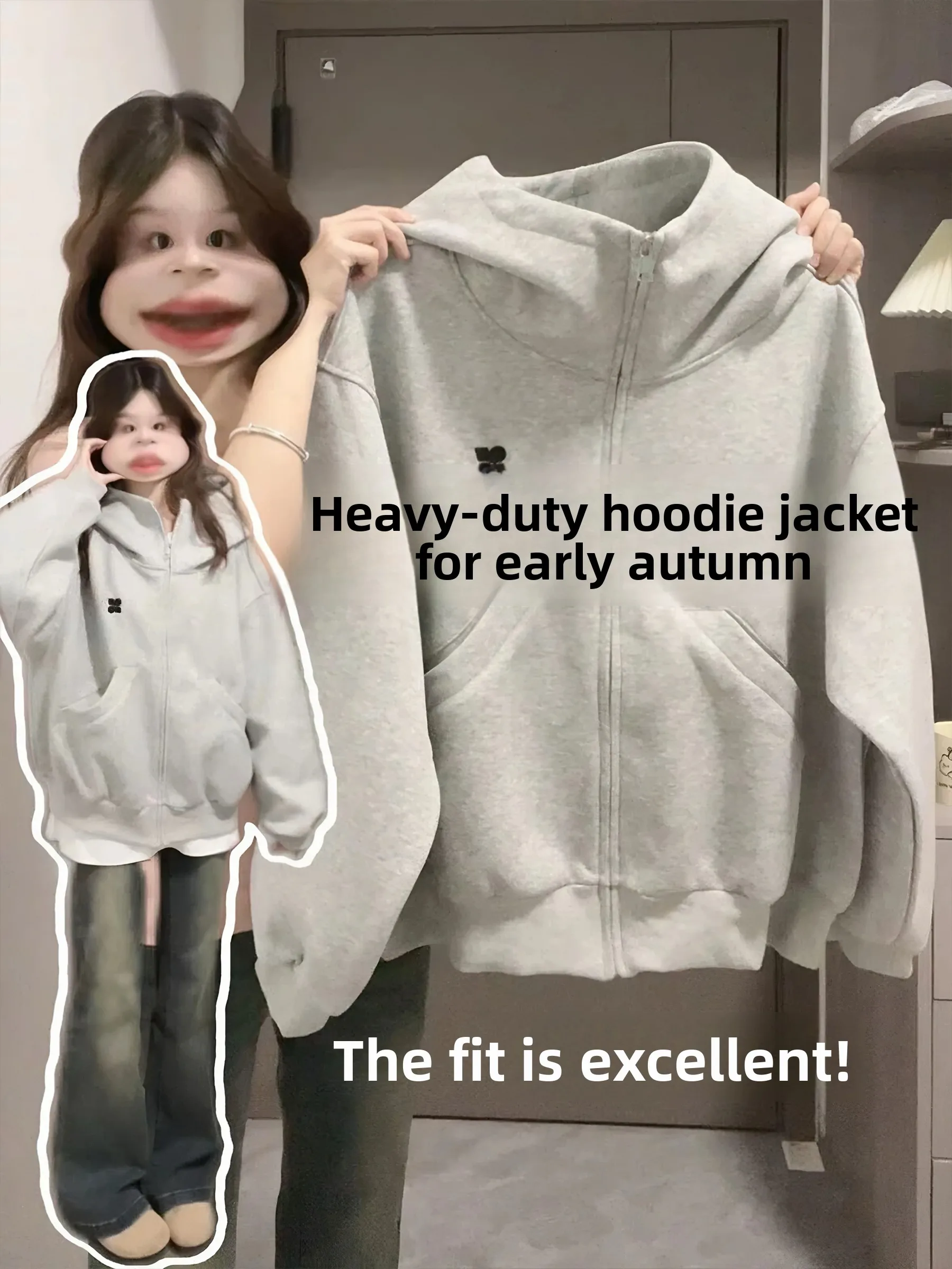 

American Style High Collar Zipper Cardigan Women's Heavyweight Hooded Sweatshirt Jacket Couple Matching Long Sleeve Outerwear