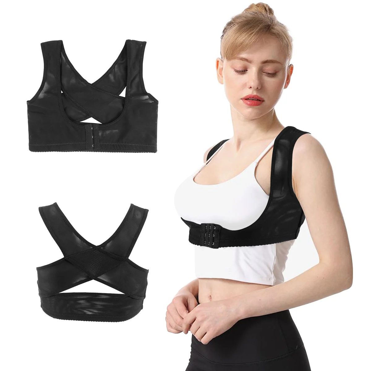 Ladies Women Adjustable Shoulder Back Posture Corrector Chest Brace Support Belt-Black-M