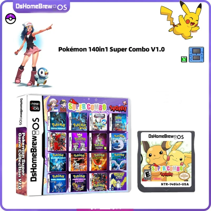 NEW NDS Game Cartridge Video Game Console Card Pokemon Series 140 in 1 Super Combo V1.0 English Version Collection Gift Toys