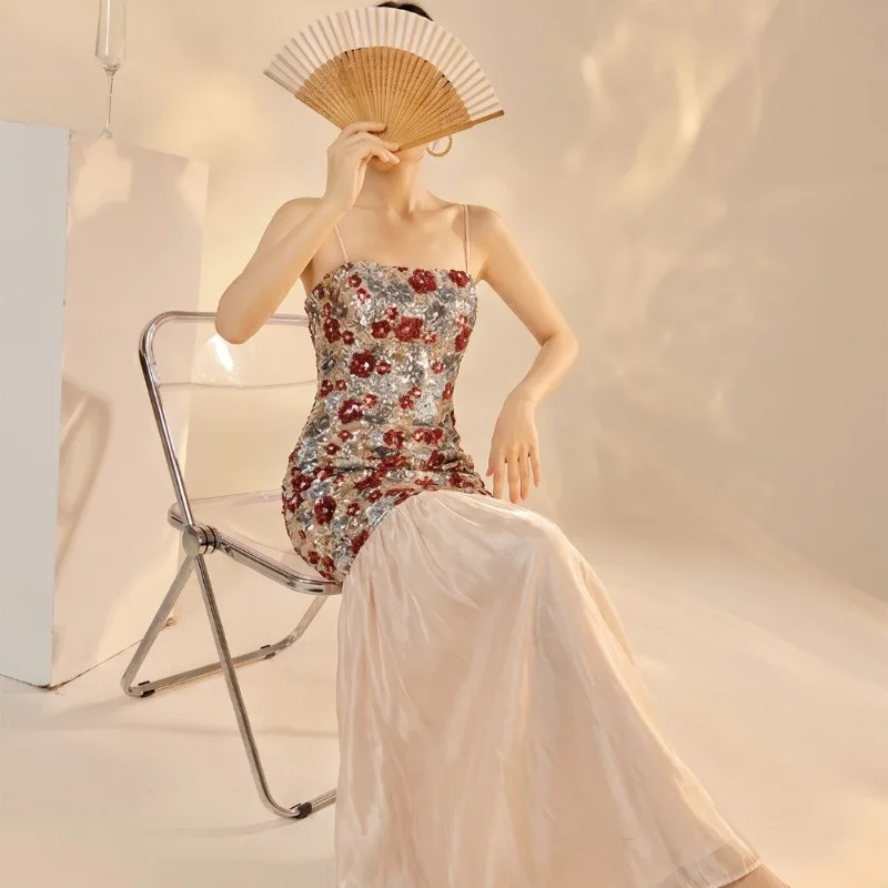 2Piece Women Evening Dress Set Floral Sequin Spaghetti Strap Mermaid Maxi Gown+Cape Wedding Guest Bridesmaid Formal Party Outfit