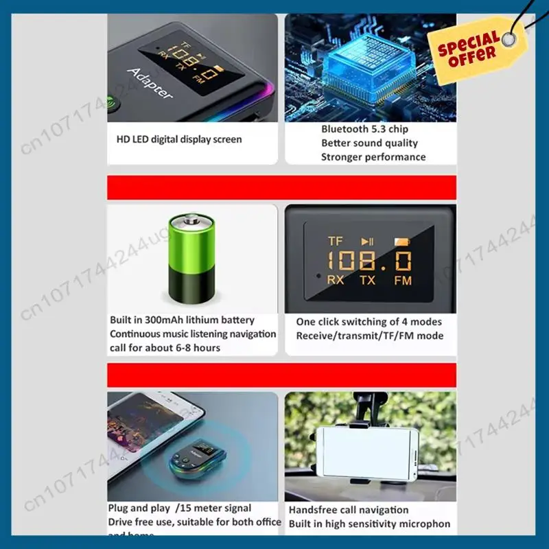 -A15I Trasmettitore Ricevitore Bluetooth 5.3 Display a LED Riproduzione di schede TF RCA Adattatore audio HIFI AUX da 3,5 mm per cuffie TV per PC per auto