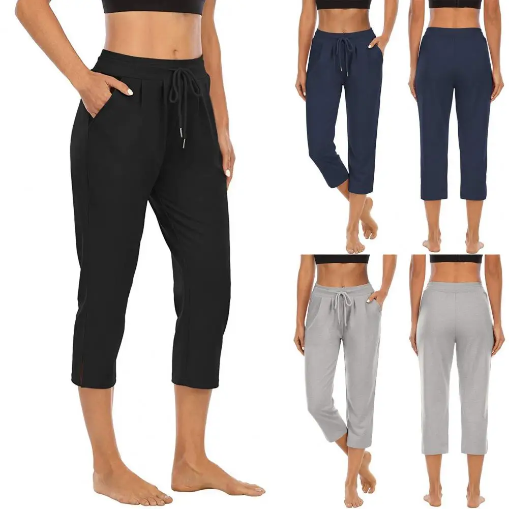 

Sporty Solid Color Drawstring Cropped Trousers Bottoms 3/4 Trousers Solid Color High Waist 3/4 Trousers for Jogging