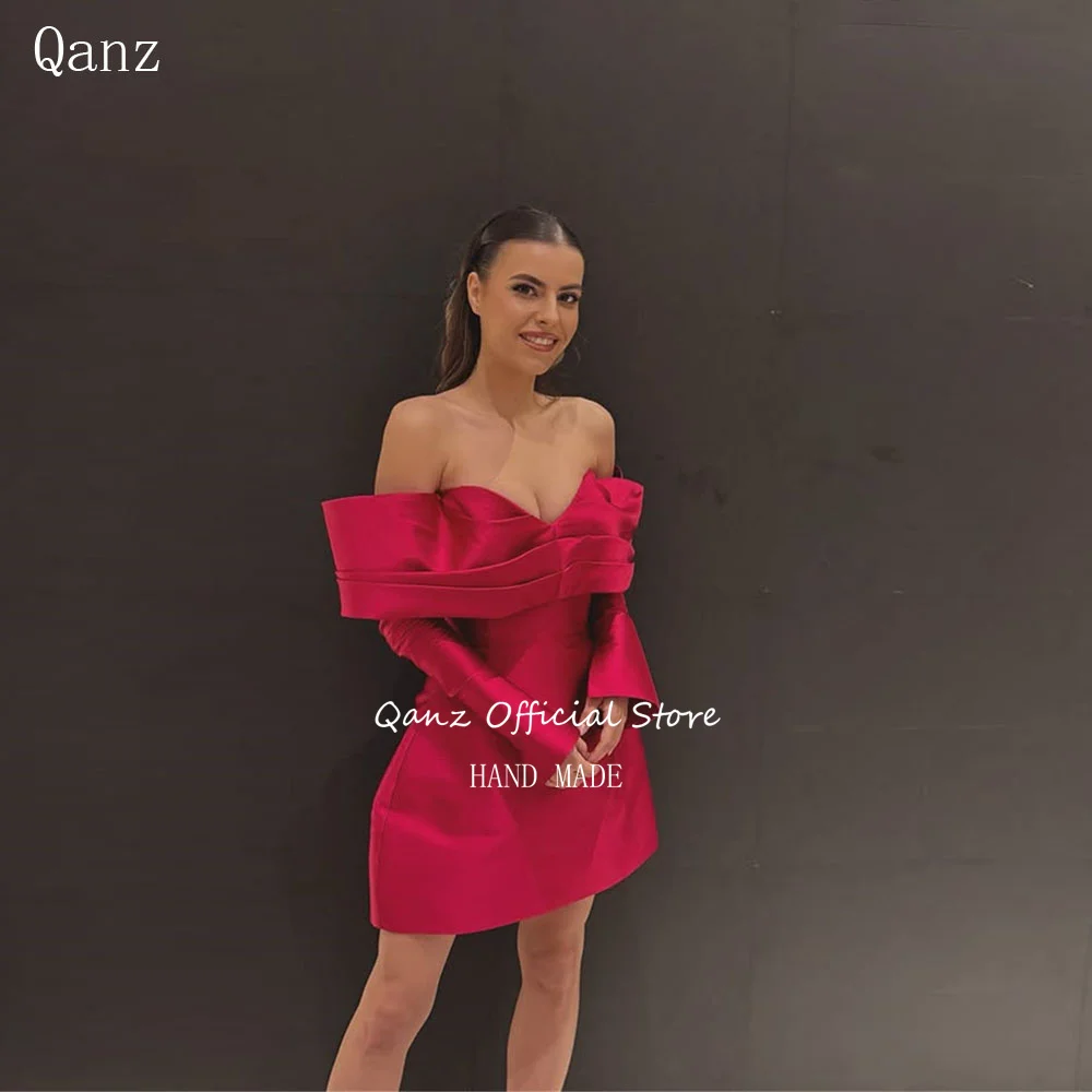 

Qanz Red Satin Prom Dresses Off The Shouder Long Sleeves Mini Vestidos De Gala Short Dresses For Wedding Guests Customized