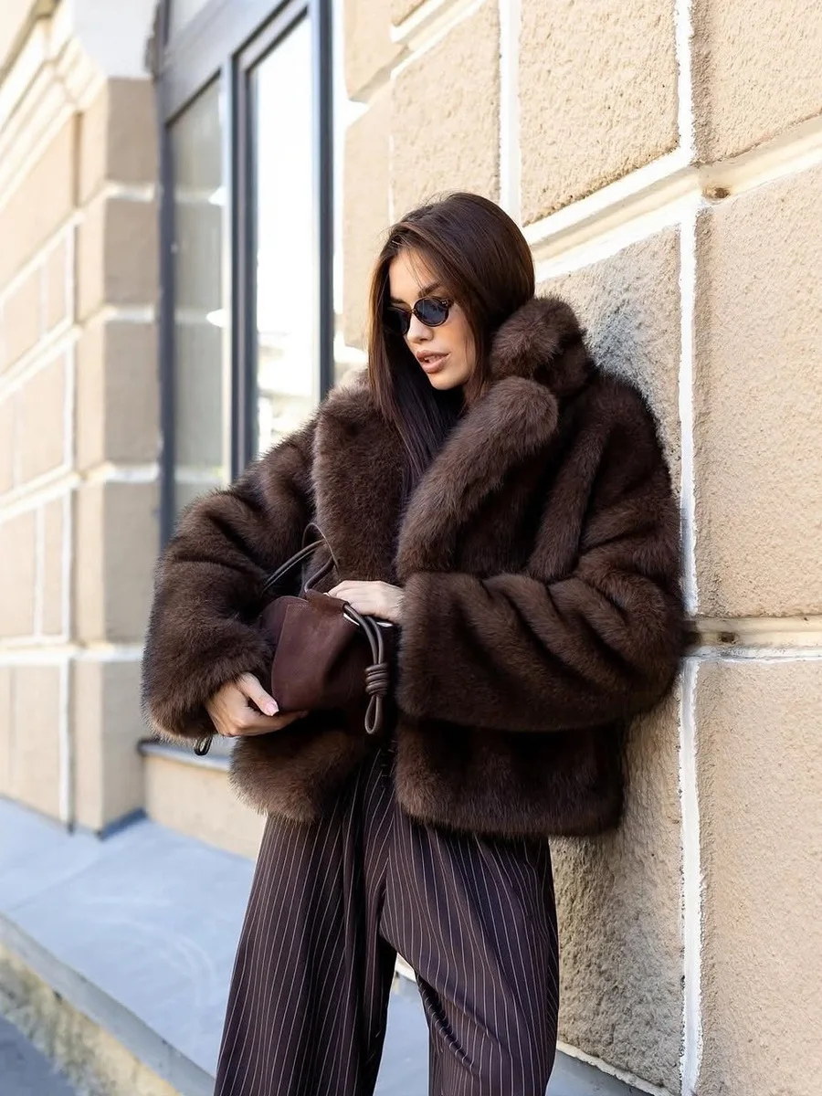 Winter Solid Brown Fluffy Fur Jacket Coat Women Lapel Long Sleeve Thicken Warm Jacket Female High Quality Loose Fur Outwears