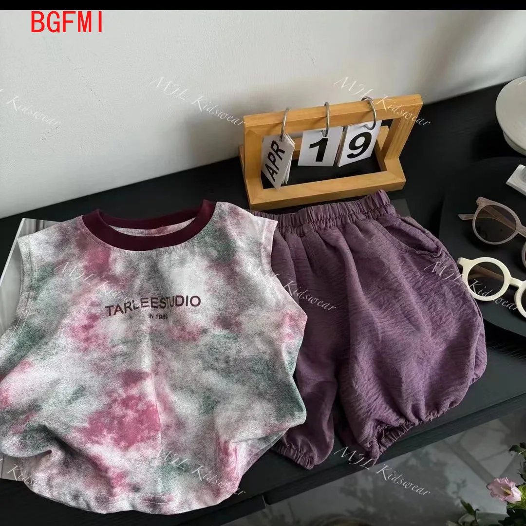 Baby Boy Summer Cotton Infants Boys Tie Dye Vest Suit Summer Children's Clothing Kids Sleeveless T-Shirts Purple Shorts 2pcs Set