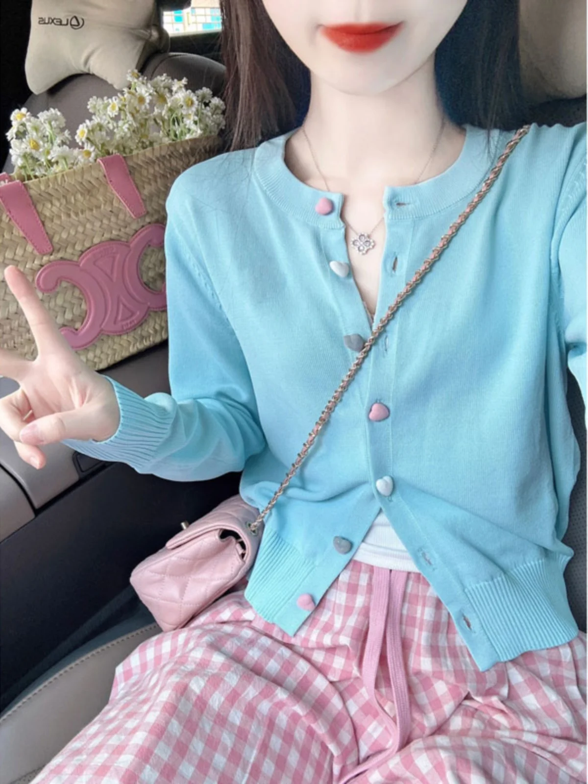 

Blue Sweater Plaid Pants Two-Piece Set Casual Chic Autumn Fashion Women's Long Sleeve Button up Shirt Cotton round Neck Top