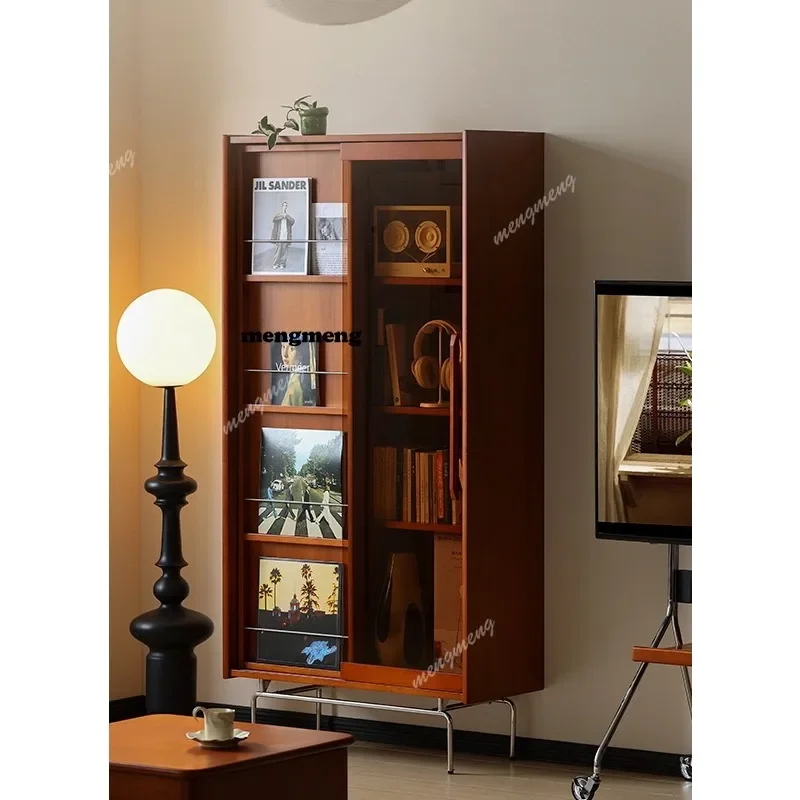 Nordic Solid Wood Bookcase French Retro Style Glass Door Bookshelf Display Cabinet Study Magazine Cabinet Home Furniture