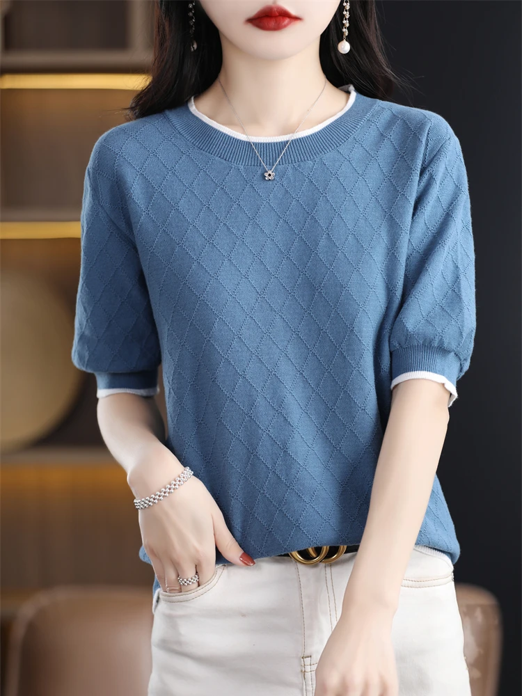 

Новая летняя женская трикотажная футболка из чистого хлопка, женская модная футболка с круглым вырезом и цветными вставками, полностью хлопковая, с короткими рукавами.