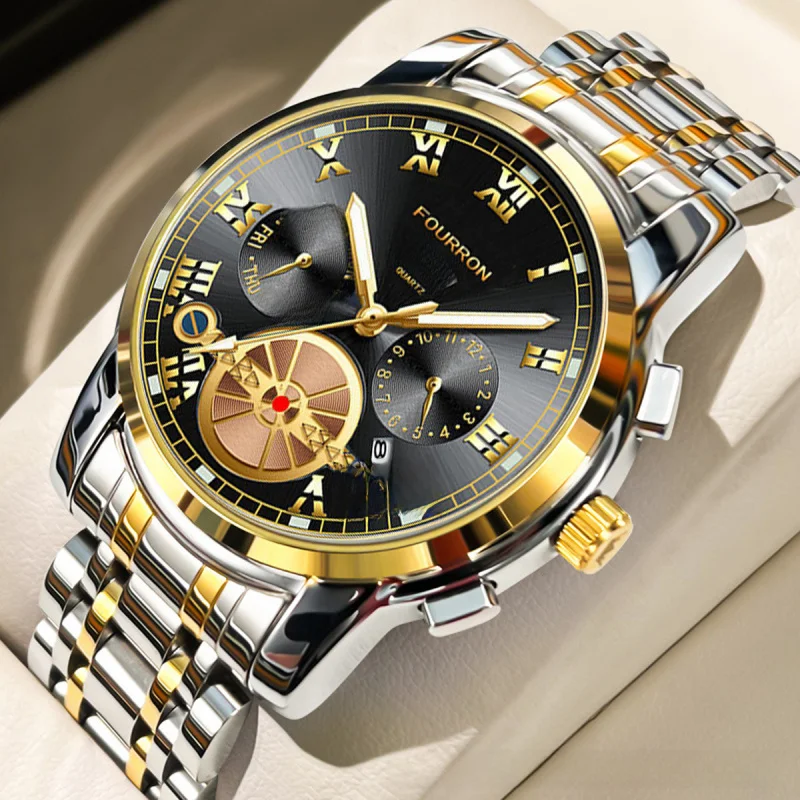 ผู้ชายเข็มขัดเหล็ก Multi-Functional ปฏิทินสัปดาห์การค้าต่างประเทศนาฬิกาแฟชั่นควอตซ์ขายส่ง Live กันน้ํา