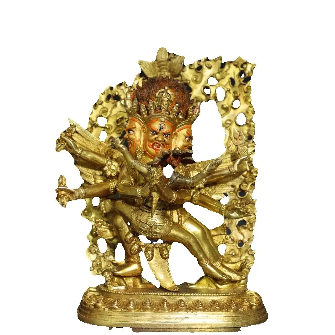 23CM Offering religious bronze gilded and gilded painted six armed Mahagala Buddha statues at home