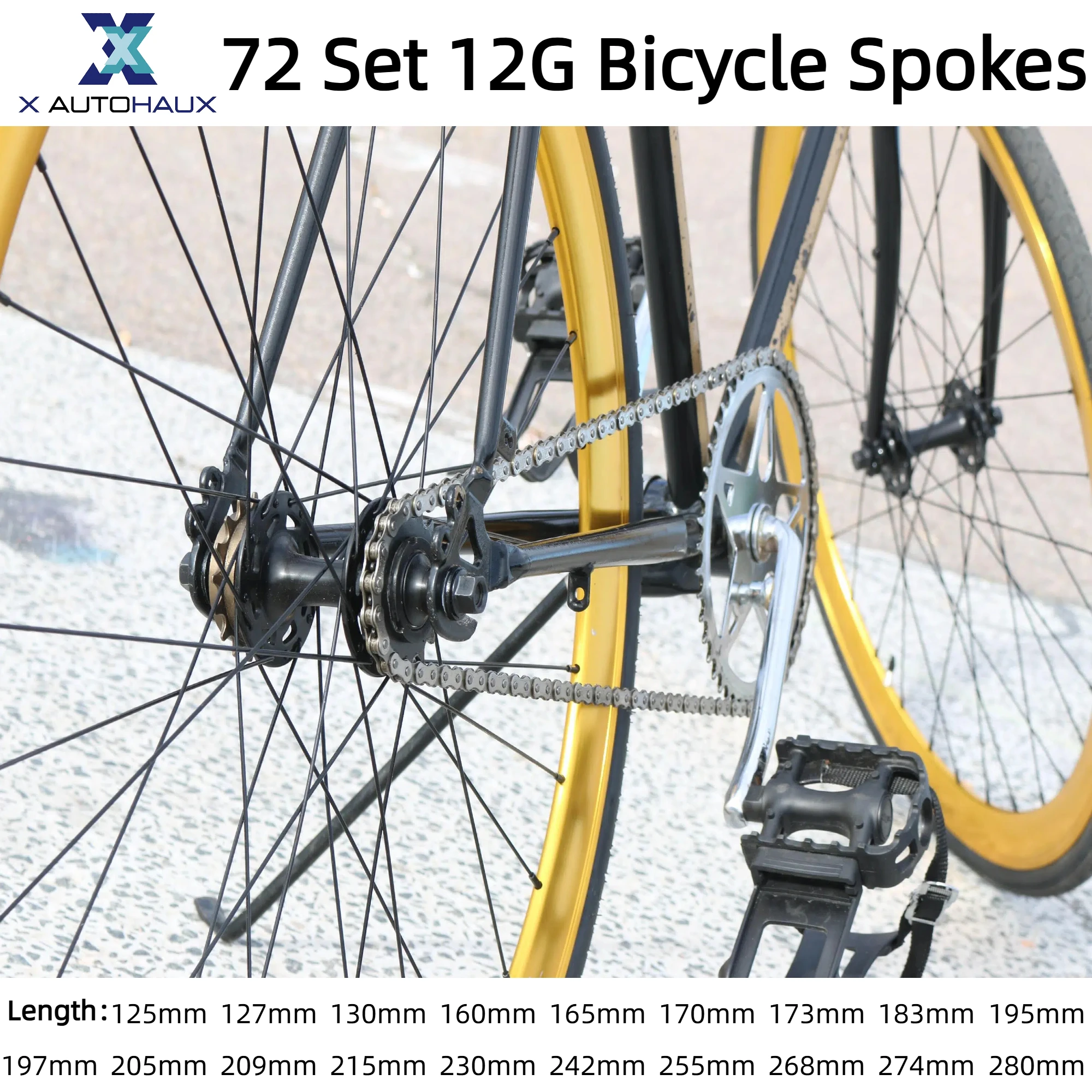 

X Autohaux Carbon Steel Black 72 Set 12G 165mm 170mm 173mm 183mm 195mm 197mm 205mm 209mm 215mm 230mm 242mm 255mm Bicycle Spokes