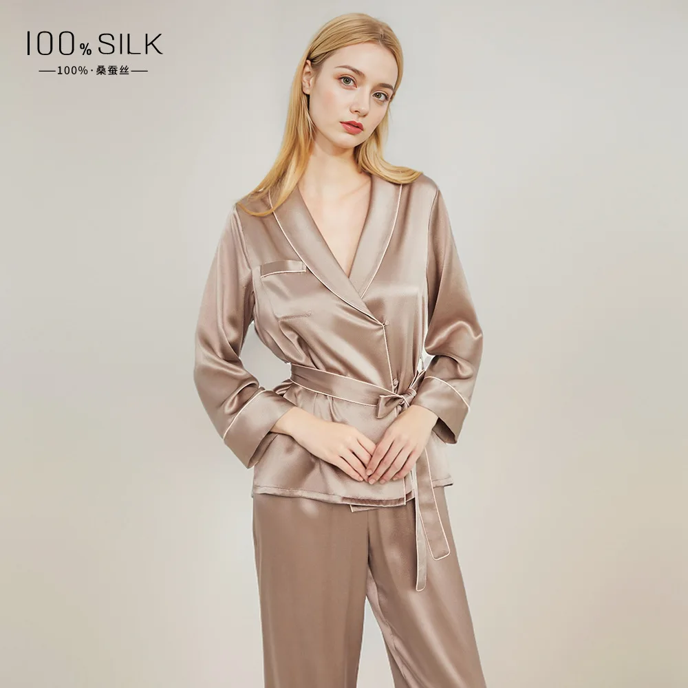 19MM Heavy Silk Robe Pants Pajamas 100% Mulberry Silk Long Sleeve Kimono Robe Pajamas Set Women Skin-friendly Sleepwear Lingerie