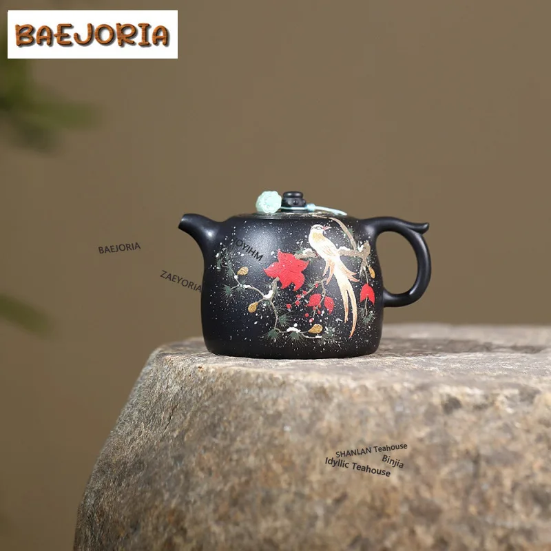 BAEJORIA 240ml Yixing Purple Clay Teapots Handmade Flowers And Birds Well Fence Pot Raw Ore Black Mud Tea Maker Kettle Zisha Tea