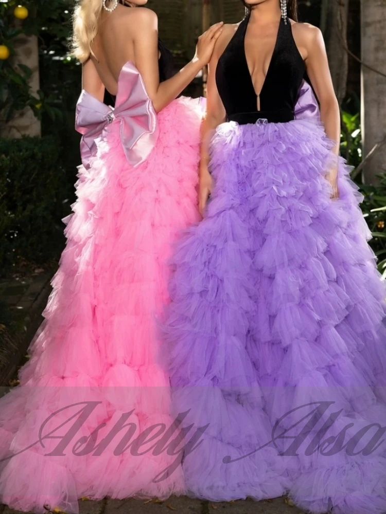 تخصيص أنيقة المرأة فساتين لحضور الحفلات الموسيقية الخامس الرقبة ألف خط المتدرج تنورة طول الأرض ملابس سهره رسمية فستان حفل زفاف الضيوف 2025