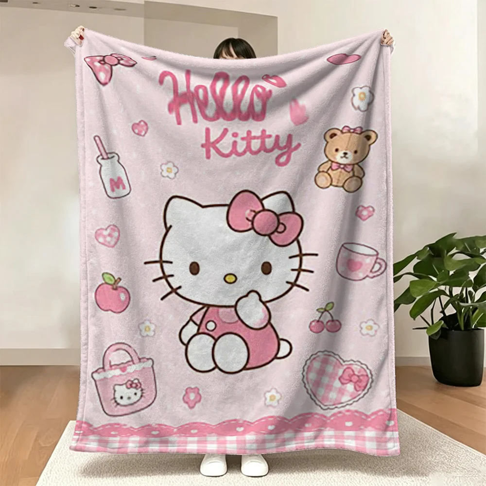 Hello Kitty Pink Flannel Blanket Soft Plush Cartoon Bear Apple Cherry Heart Print Throw Blanket for Kids Girls Bedroom Sofa