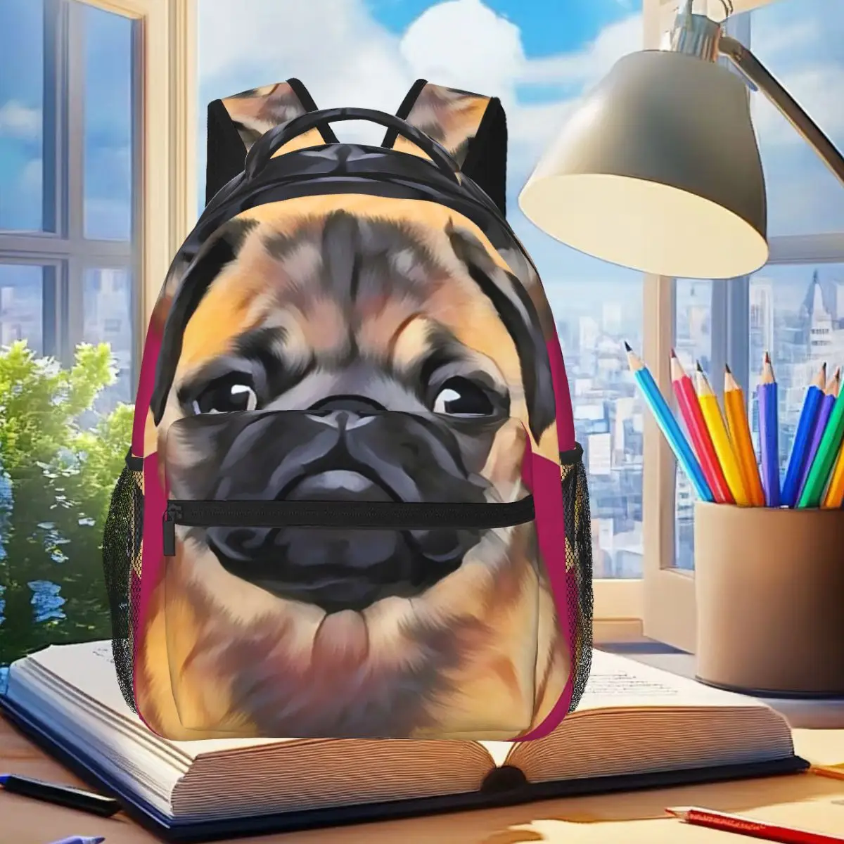 

Lovely Puppy Cute Pug Dog Backpack Student Boys Girls BookBag Kids School Bag Computer Shoulder Bags for Men Women