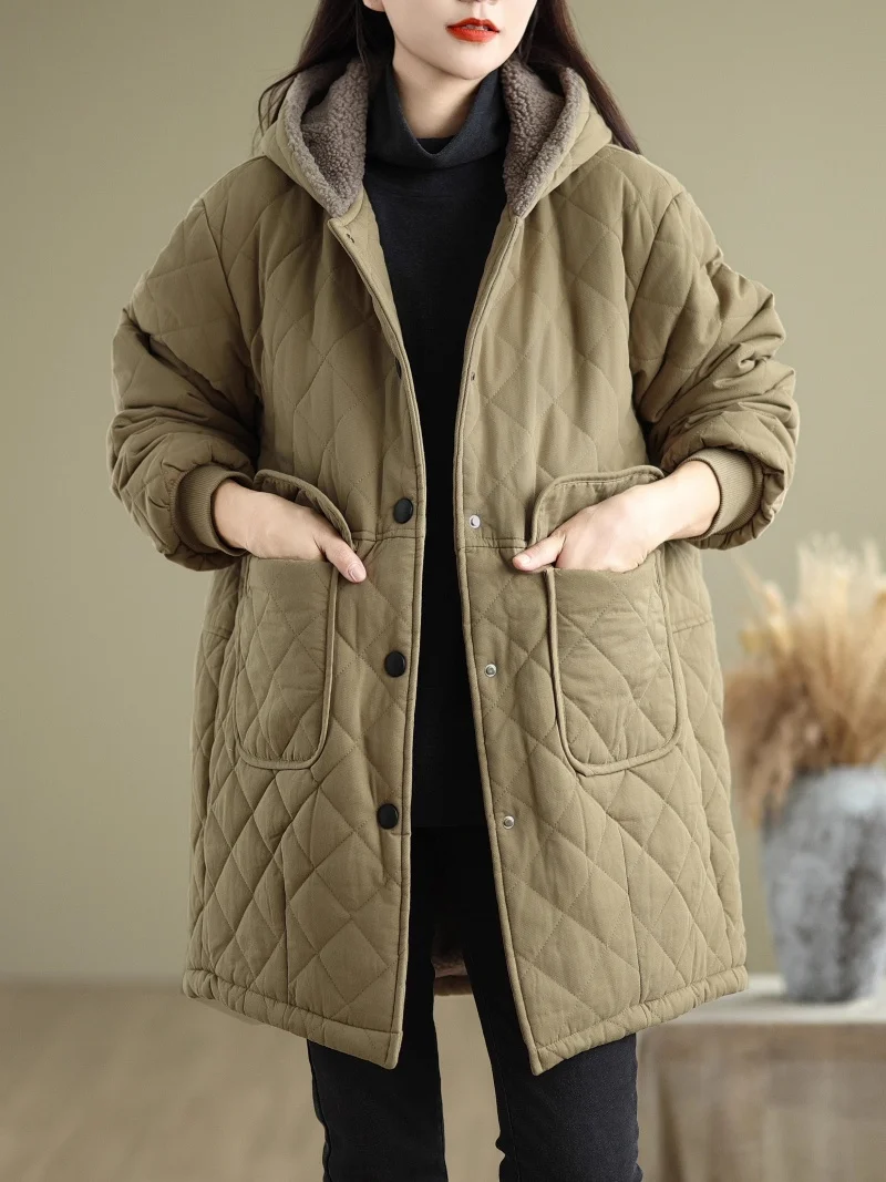 

Теплая флисовая куртка с капюшоном, женская хлопковая одежда с ромбовидной сеткой, средней длины, толстая бархатная подкладка, осенне-зимняя верхняя одежда w1161