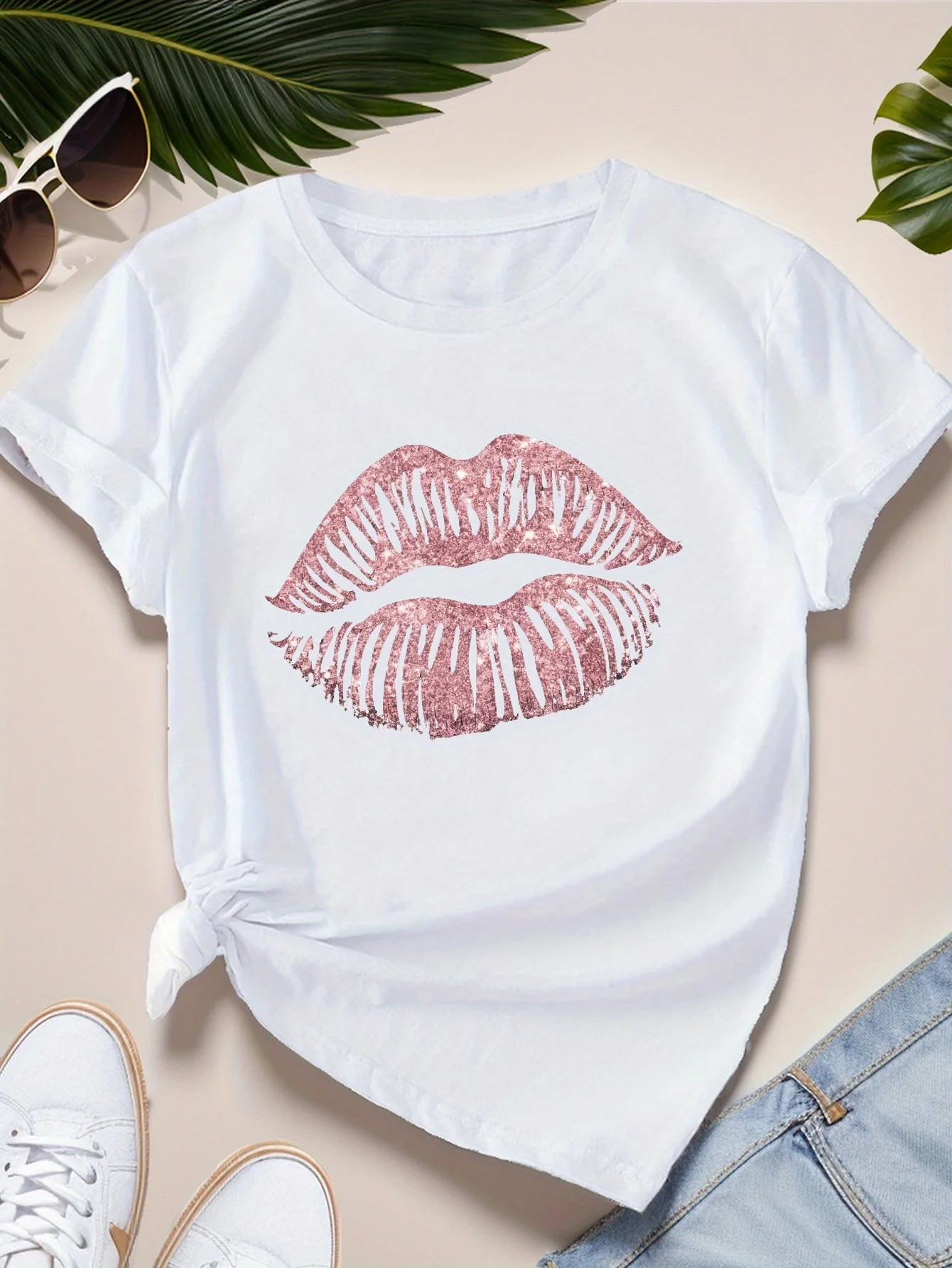 Glitzerndes rosa Kiss Mark Damen Sport Kurzarm Harajuku Kurzarm Freizeitkleidung Street Tops T-Shirts Ästhetische Kleidung