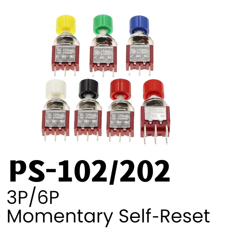 PS‑102 PS‑202 Momentary Push Button Switch Self‑Reset 3Pin 6Pin Round Toggle Switch With Cap Multi‑Color