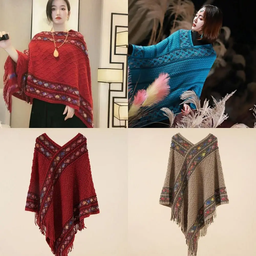 Soft Winter Warm Mongolian Poncho Ethnic Style Imitation Cashmere Knitting Wraps Rhombic Stripe Tassel Shawl Women Fashion