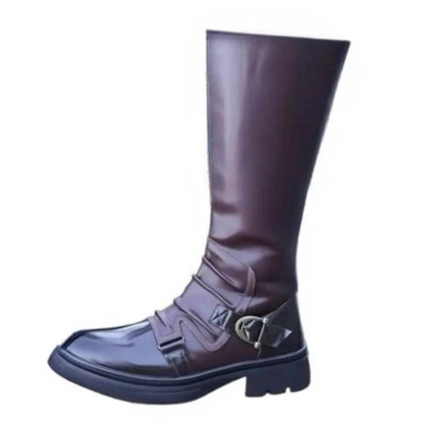 

Men's Leather Side Zipper High-Top Motorcycle Boots Classic Round Toe Block Heel Buckle Biker Boots For Activities Daily Riding
