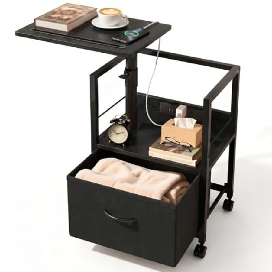 

Swivel Lift Top Nightstand with Charging Station, Rolling Side Table for Recliner, Bedside Table with Wheels and a Fabric Drawe