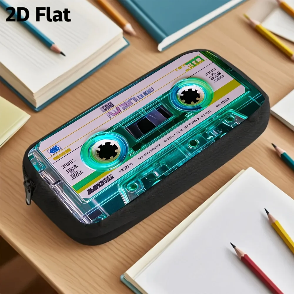 1pc Retro Cassette Tape Print Pencil Case Suitable for Students Teens, Vintage School Organizer with Cassette, Stationery Holder