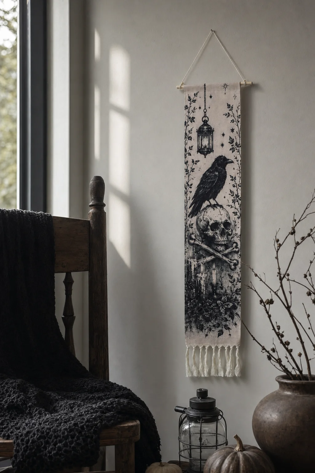 Halloween-Wandteppich mit Quasten, Gotische Hexe, Schwarze Katze, Krähe, Geisterhaus, Totenkopf-Druck, Vintage Grusel-Wandbehang Deko – Detail 13