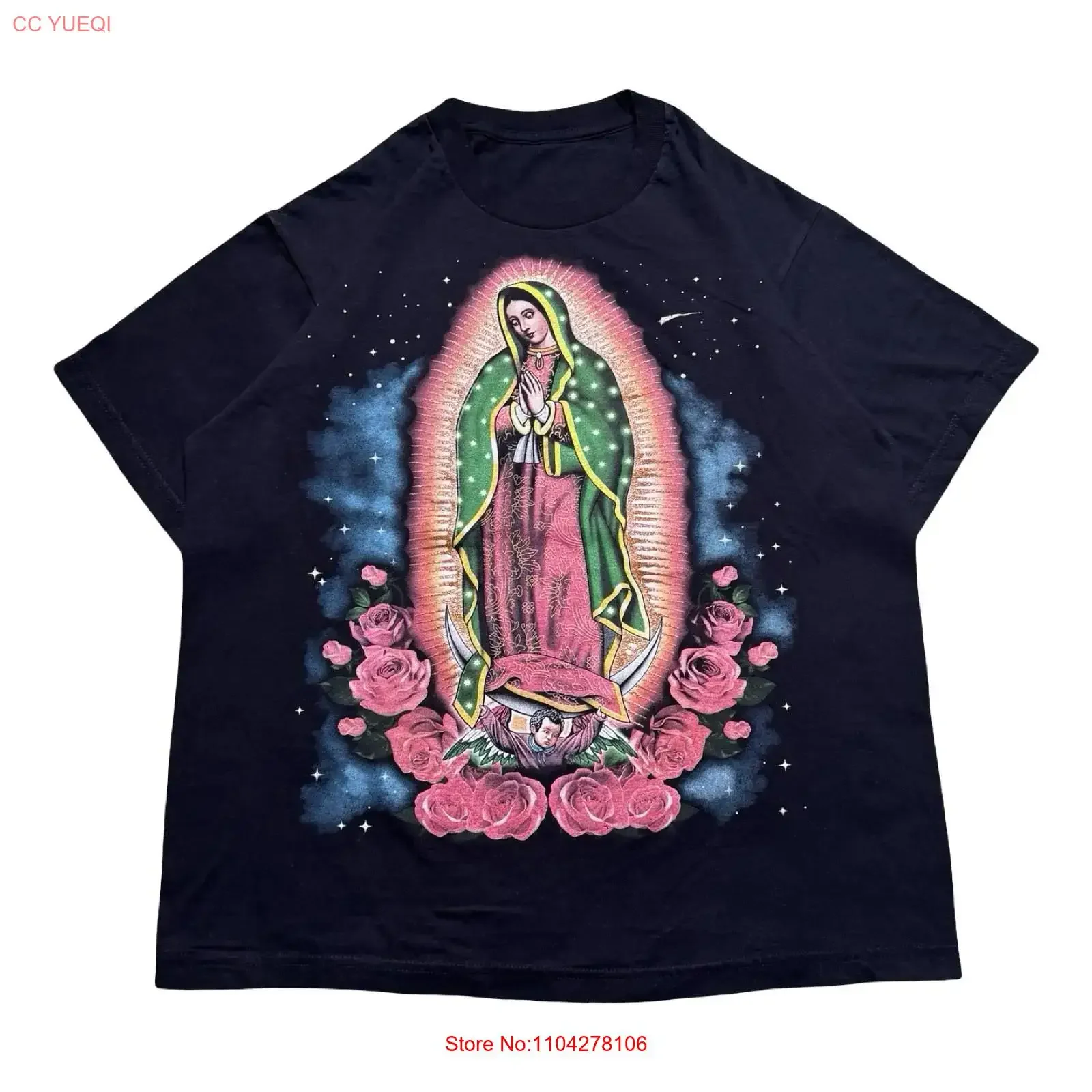 Vintage Y2K Praying Virgin Mary Maria Religious T Shirt Black L vintage Washed Stylish Top For Everyday Wear Stretched Unisex