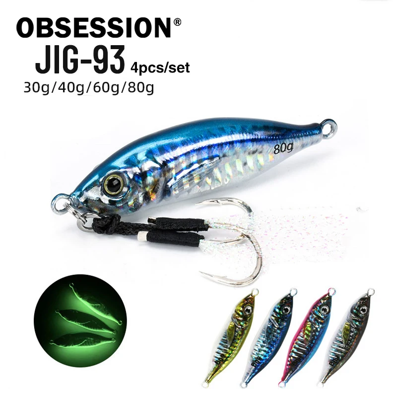 

OBSESSION J93, 4 шт., тонущие металлические джиги для дальнего заброса, 30г/40г/60г/80г/100г, с 3D-печатью, светящиеся в темноте, для морской рыбалки, Slow Pitch JigBait
