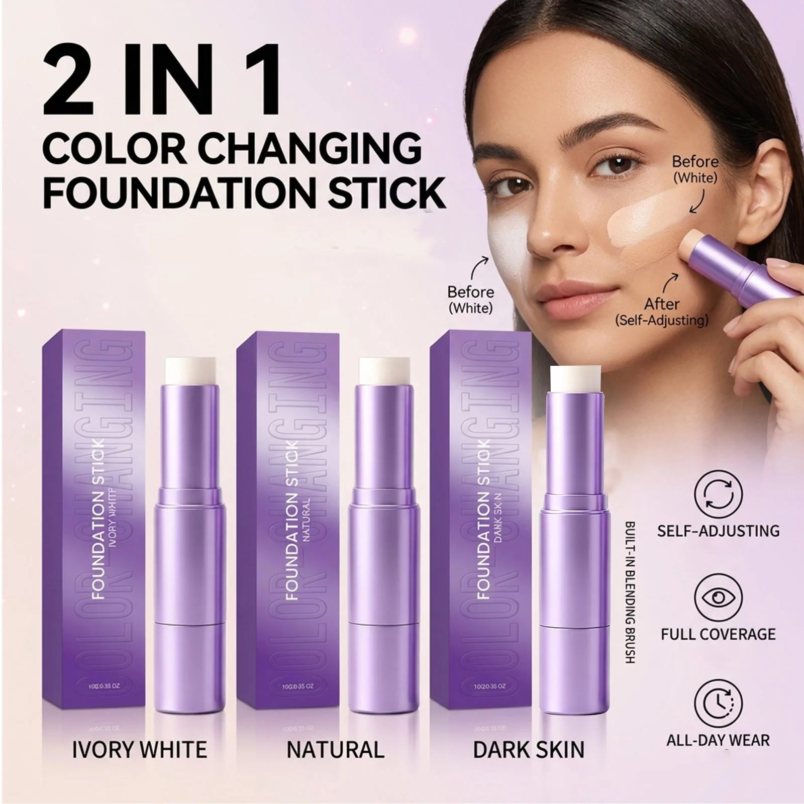 Dual End Color Changing Foundation Stick With Built In Brush Self Adjusting Tone Full Coverage Natural Finish Moisturizing
