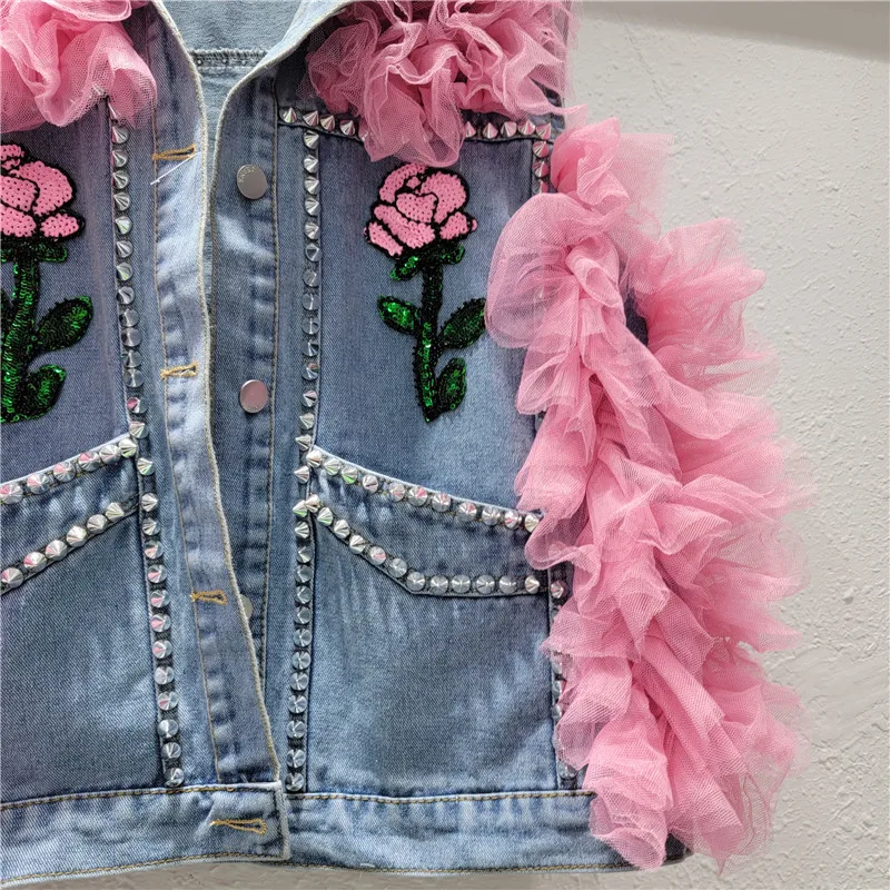 Fashion Rivet Sequin Flower Mesh Stitching Cowboy Vest Women Blue Casual Big Pocket Sleeveless Short Denim Coat Female Waistcoat