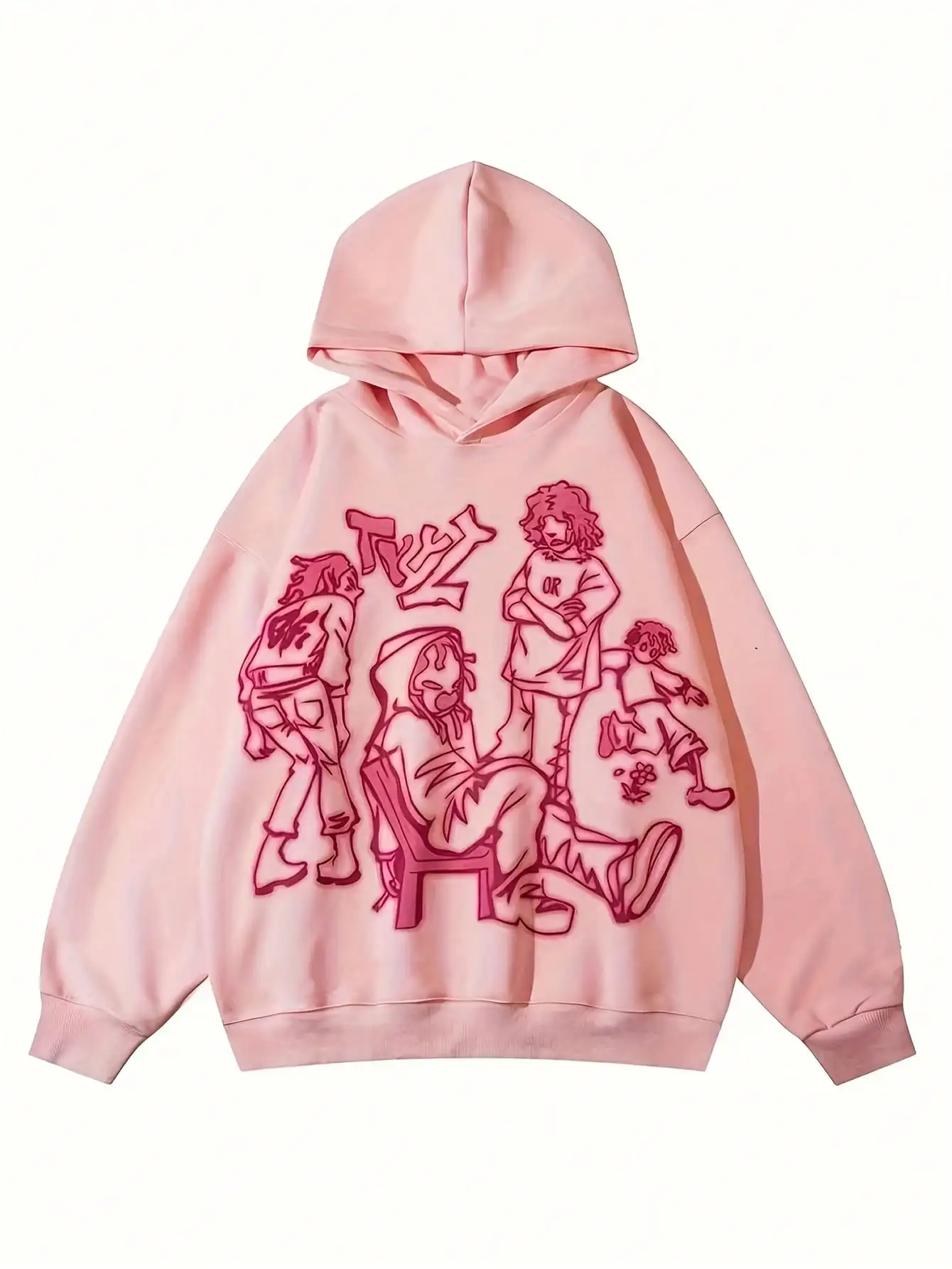 

Персиково-розовая толстовка оверсайз с принтом персонажей манги, уличный стиль, заниженные плечи, плотный флис