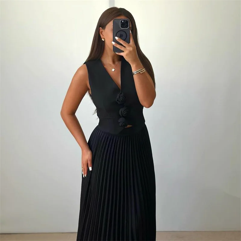 Black Elegant Pleated Skirt Midi Two Piece Sets for Women Summer Outfits Luxury Rose Crop Tops with Long Dress Party Clubwear