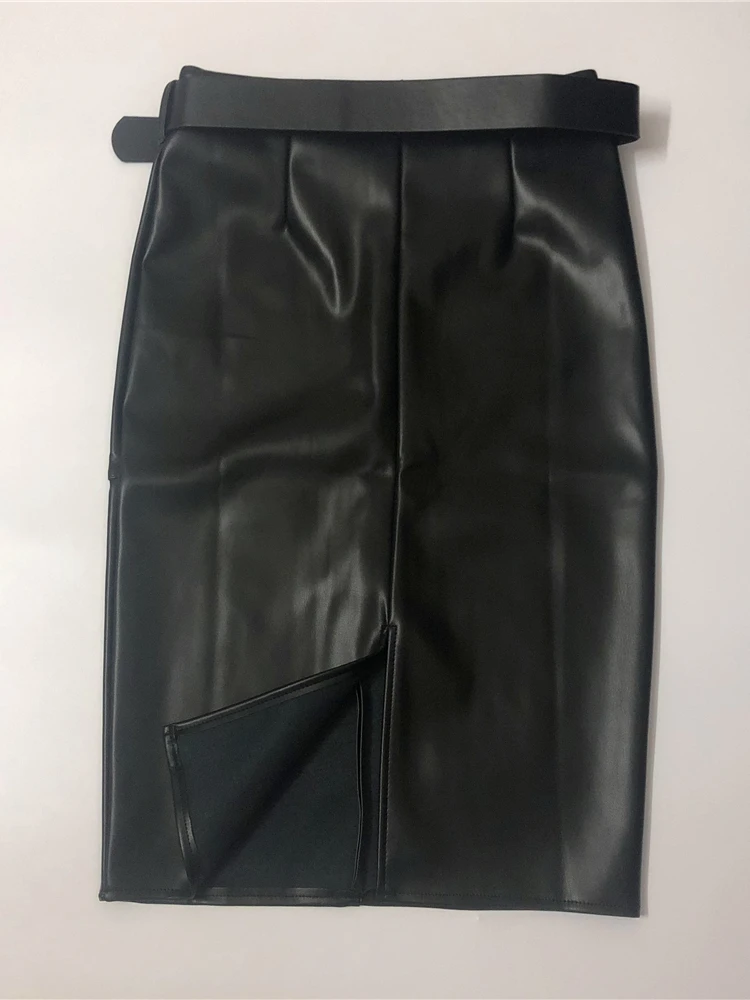 Seoulish gonne longuette avvolgenti in pelle PU alla moda con cintura 2023 nuove donne a vita alta guaina matita indietro gonne divise autunno inverno