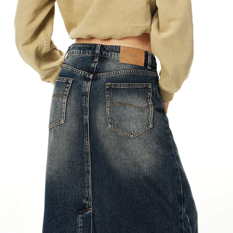 التنانير الطويلة الأمريكية الرجعية عالية الخصر الظهر سبليت الدنيم Harajuk الخريف الشتاء عادية خمر ألف خط الجينز التنانير 2025 Jupe فام #6
