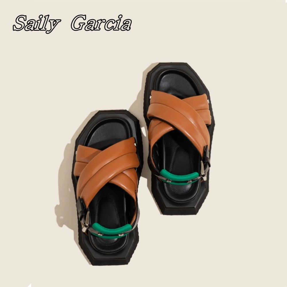 Genuine Leather Cross Belt Buckle Strap Flat Sandals Summer New Style Fashion Women Shoes Mixed Color Platform Hollow Shoes