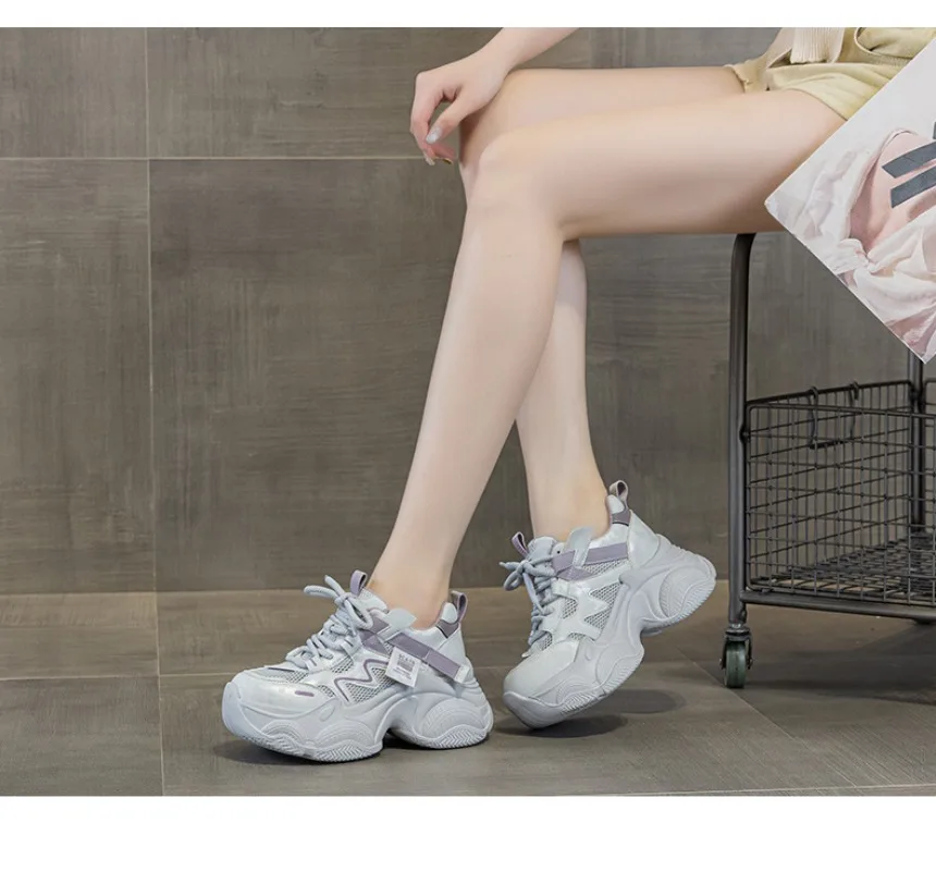 

Women's Mesh Platform Dad Shoes 2026 Summer Round Toe Lace-Up Breathable Casual Hidden Heel White Sneakers For Ladies