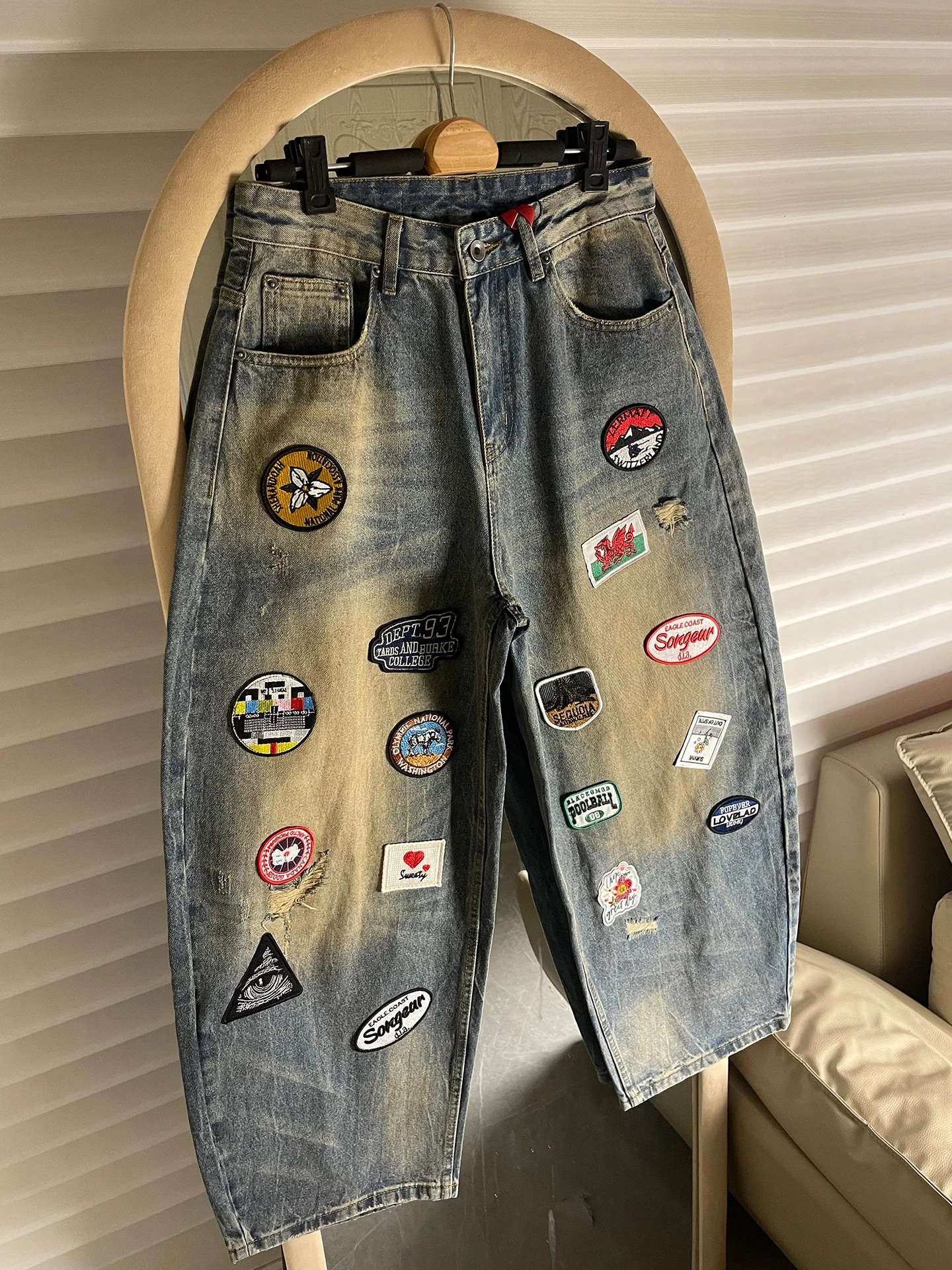 

Parisian Sle Embroidered Wide Leg Jeans Men's Loose Fit Ripped Knife Long Pants American Sle Vintage Casual Cotton Denim