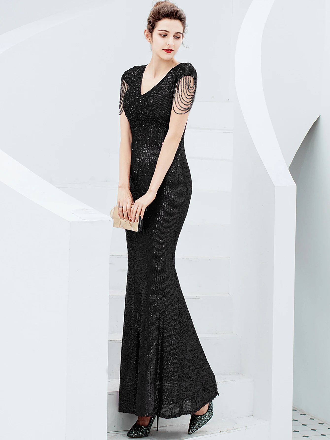 Sexy vintage maxi black sequin summer dress women 2024 elegant luxury birthday party long dresses fishtail evening dress vestido