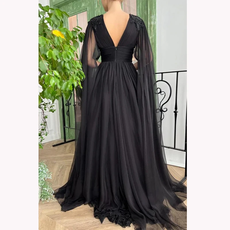 

Bowith Evening Luxury Dress Prom Elegant For Women Gift Wedding Party Long Sleeve Black V-neck Dresses Formal Occasion vestidos